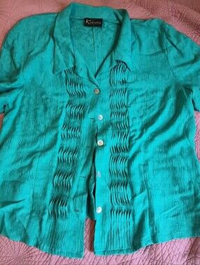 Vintage Katherine Barclay Teal Pleated Front Short-Sleeve Button-Up Shirt